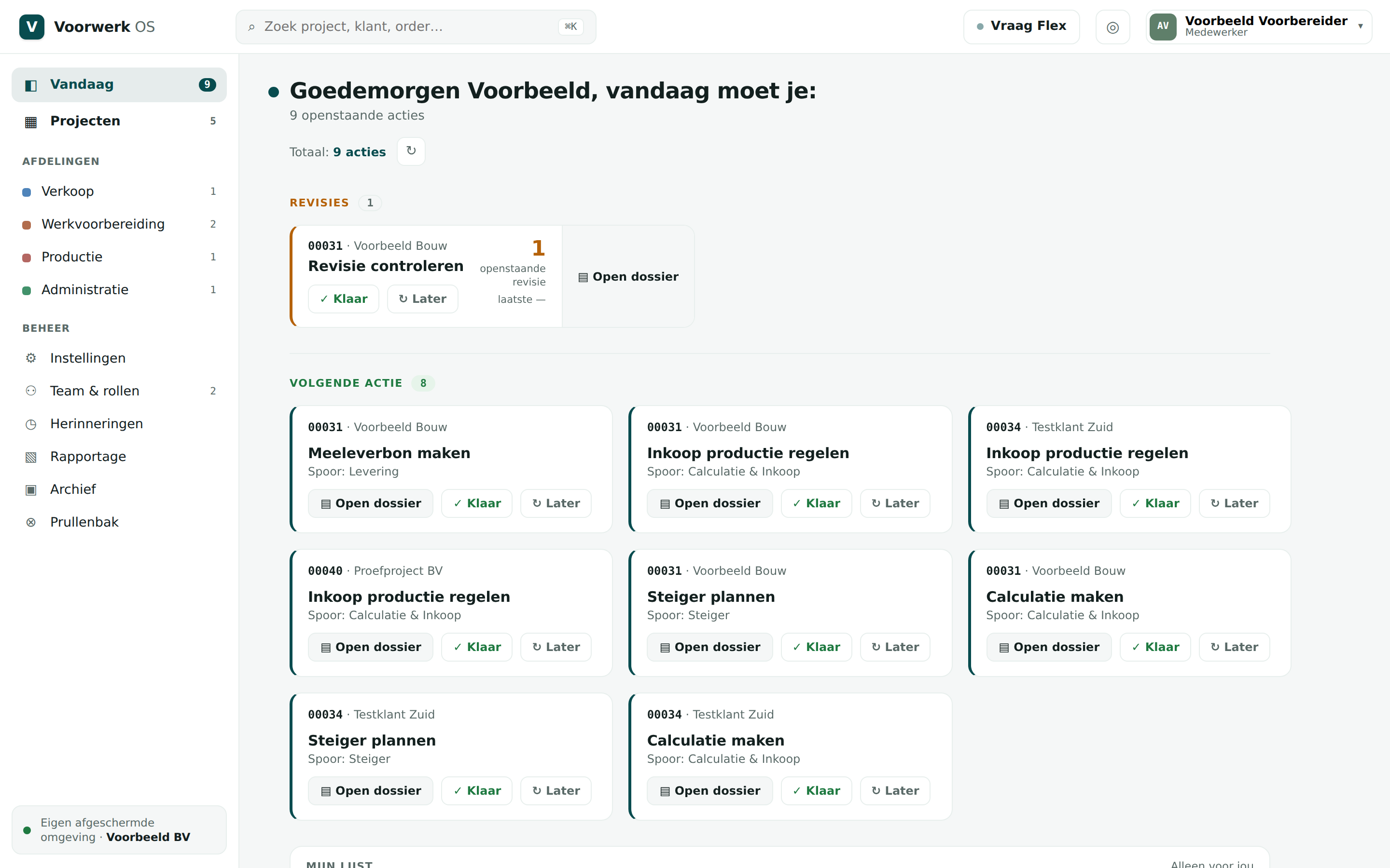 Het beginscherm van Voorwerk: een lijst met openstaande acties per project, met per actie het spoor waar hij bij hoort en knoppen om hem af te vinken of uit te stellen. Links staan de vier afdelingen met hun aantallen.